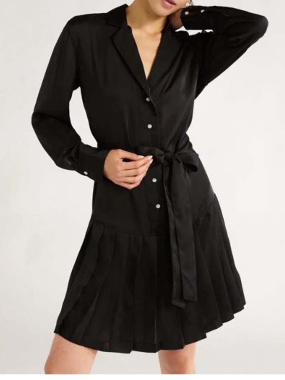 Classic Black Long-Sleeve Belted Shirt Dress